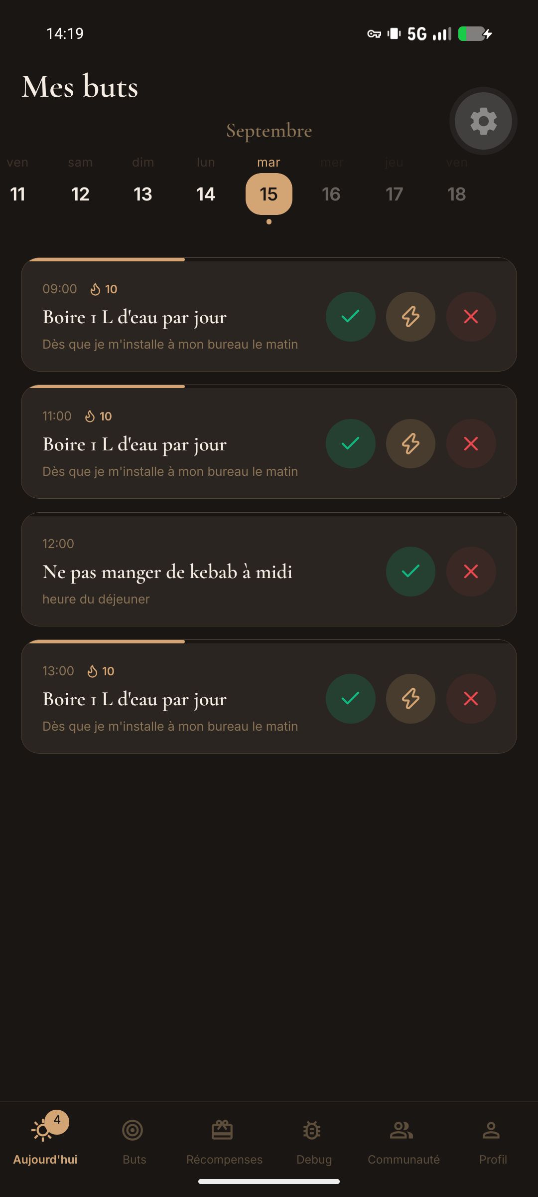 L'écran de check-in de Pact : les tâches du jour, prêtes à être validées.
