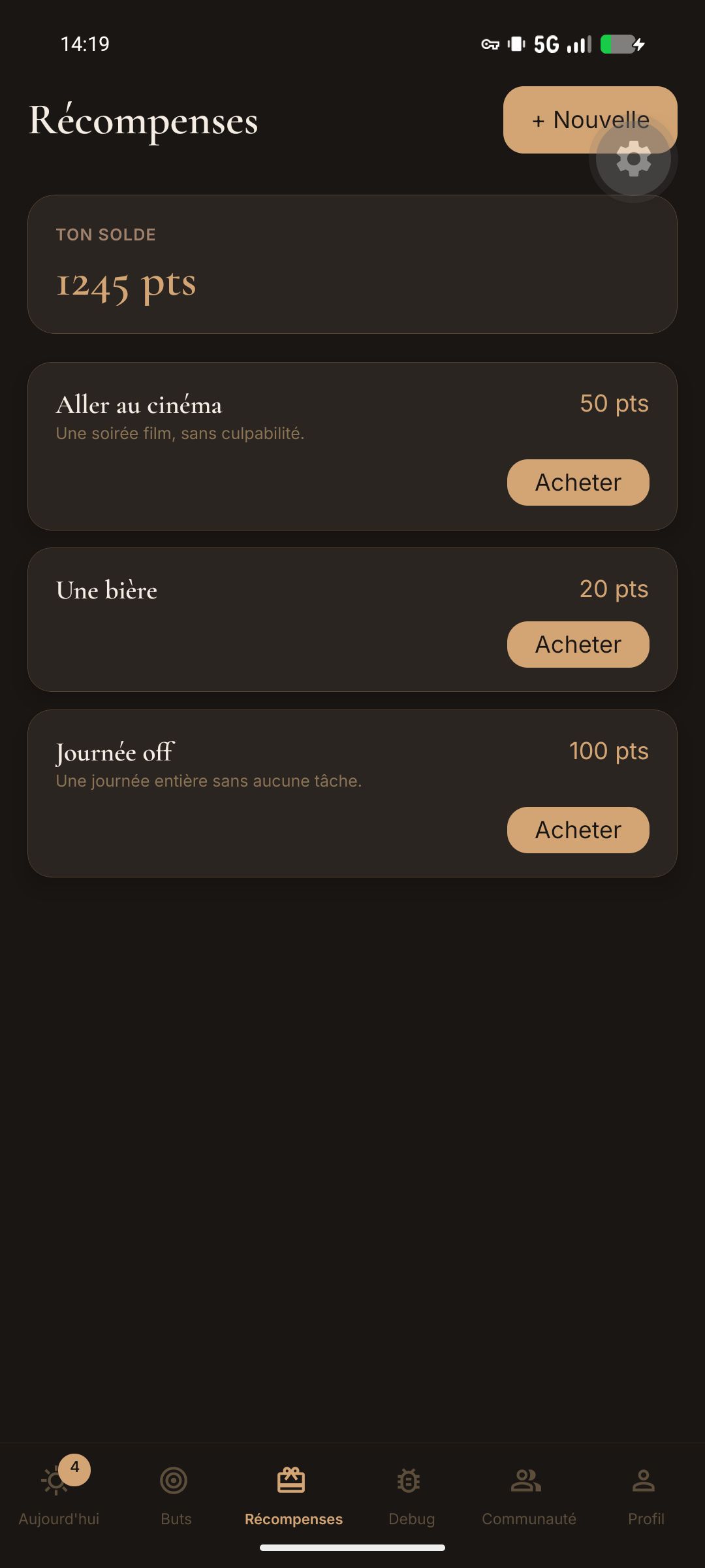 Vos points, et les récompenses que vous vous êtes fixées.